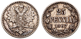 Russo-Finnish Coins
25 Penniä 1867 S.
Bit 643 (R2), Uzd 4683. Very rare, Key date. Medium gray. Extremely fine.