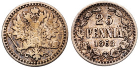 25 Penniä 1868 S.
Bit 644 (R1), Uzd 4688. Rare, semi-key, mintage: 136,000. Toned. About very fine / Very fine.