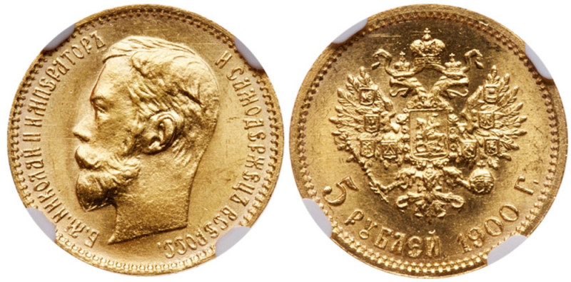 5 Roubles 1900 ФЗ. GOLD.
Bit 26, Fr 180. Authenticated and graded by NGC MS 64 ...