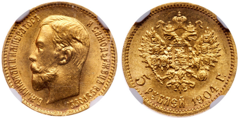 5 Roubles 1904 AP. GOLD.
Bit 31, Fr 180. Authenticated and graded by NGC MS 66+...