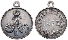 Award Medal for the Khiva Campaign, 1873.
Silver. 28 mm. Bit 981 (R1), Diakov 804.1 (R2). Crowned Alexander II cipher / Date, legend around, crossed ...