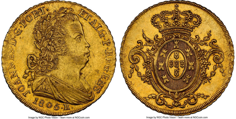 João Prince Regent gold 6400 Reis 1805-R AU58 NGC, Rio de Janeiro mint, KM236.1,...