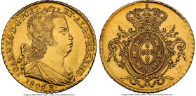 João Prince Regent gold 6400 Reis 1806-R AU Details (Cleaned) NGC, Rio de Janeiro mint, KM236.1, LMB-556, Guimaraes-1806-1.1. Dot after REGENS variety...