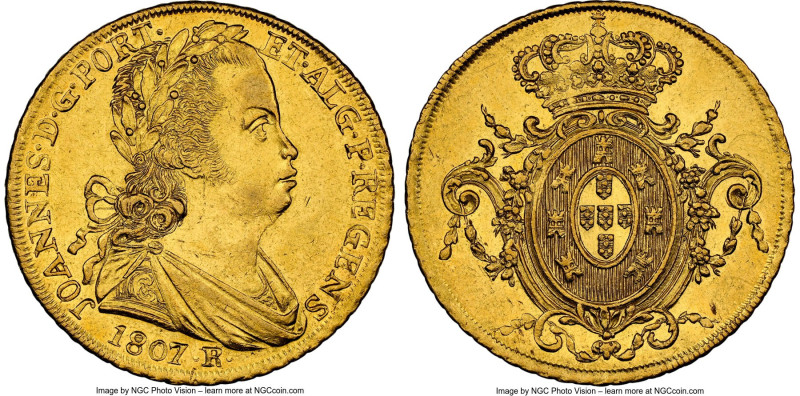 João Prince Regent gold 6400 Reis 1807-R AU58 NGC, Rio de Janeiro mint, KM236.1,...