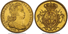 João Prince Regent gold 6400 Reis 1808-R AU58 NGC, Rio de Janeiro mint, KM236.1, LMB-558a, Guimaraes-1808-5.5. Dot after REGENS variety. Shy of a Mint...