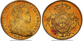 João Prince Regent gold 6400 Reis 1808/7-R AU55 NGC, Rio de Janeiro mint, KM236.1, LMB-558, Guimaraes-1808/07-3.3. Dot after REGENS variety. Minimally...
