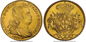 João Prince Regent gold 6400 Reis 1809-R UNC Details (Harshly Cleaned) NGC, Rio de Janeiro mint, KM236.1, LMB-559, Guimaraes-1809-1.1. Do dot after RE...