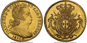 João Prince Regent gold 6400 Reis 1810-R MS63 NGC, Rio de Janeiro mint, KM236.1, LMB-560a, Guimaraes-1810-2.2. No dot after REGENS variety. Showing sc...