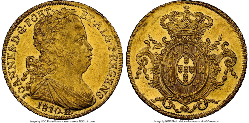 João Prince Regent gold 6400 Reis 1810-R MS62 NGC, Rio de Janeiro mint, KM236.1,...