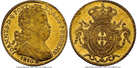 João Prince Regent gold 6400 Reis 1810-R MS62 NGC, Rio de Janeiro mint, KM236.1, LMB-560a, Guimaraes-1810-2.2. No dot after REGENS variety. A lustrous...