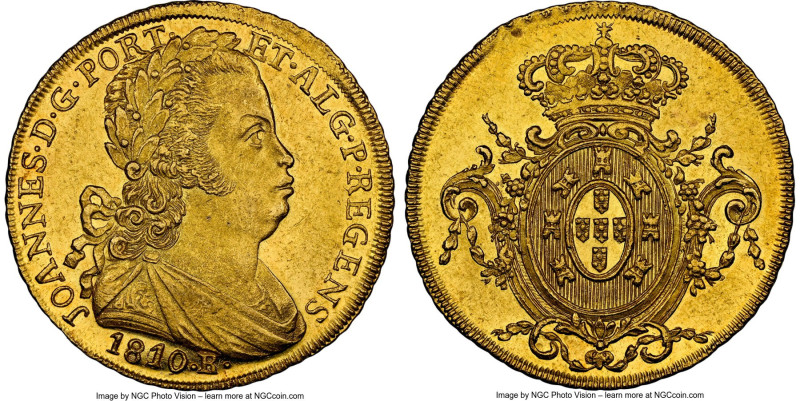 João Prince Regent gold 6400 Reis 1810/09/8-R MS62 NGC, Rio de Janeiro mint, KM2...