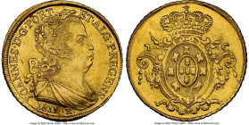 João Prince Regent gold 6400 Reis 1811-R MS64 NGC, Rio de Janeiro mint, KM236.1, LMB-561, Guimaraes-1811-2.2. No dot after REGENS variety. A crackling...