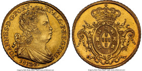João Prince Regent gold 6400 Reis 1812-R UNC Details (Cleaned) NGC, Rio de Janeiro mint, KM236.1, cf. LMB-562 (unlisted overdate), Guimaraes-1812/11-1...