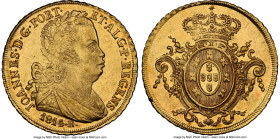 João Prince Regent gold 6400 Reis 1814/3-R MS62+ NGC, Rio de Janeiro mint, KM236.1, cf. LMB-564 (unlisted overdate), Guimaraes-1814/13-1.1. No dot aft...