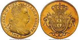 João Prince Regent gold 6400 Reis 1814-R MS62 NGC, Rio de Janeiro mint, KM236.1, LMB-564, Guimaraes-1814-2.2. A chiseled, lustrous piece dressed in a ...