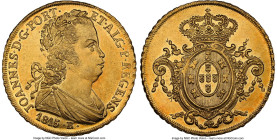 João Prince Regent gold 6400 Reis 1815/4-R MS62 NGC, Rio de Janeiro mint, KM236.1, cf. LMB-565 (unlisted overdate), Guimaraes-1815/14-1.1. A deeply-en...