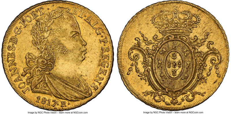 João Prince Regent gold 6400 Reis 1817-R AU58 NGC, Rio de Janeiro mint, KM236.1,...