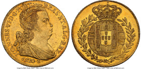 João VI gold 6400 Reis 1820/19-R MS61 NGC, Rio de Janeiro mint, KM328, cf. LMB-589 (unlisted overdate), Guimaraes-1820/19-3a. Mintage: 3,286. The seco...