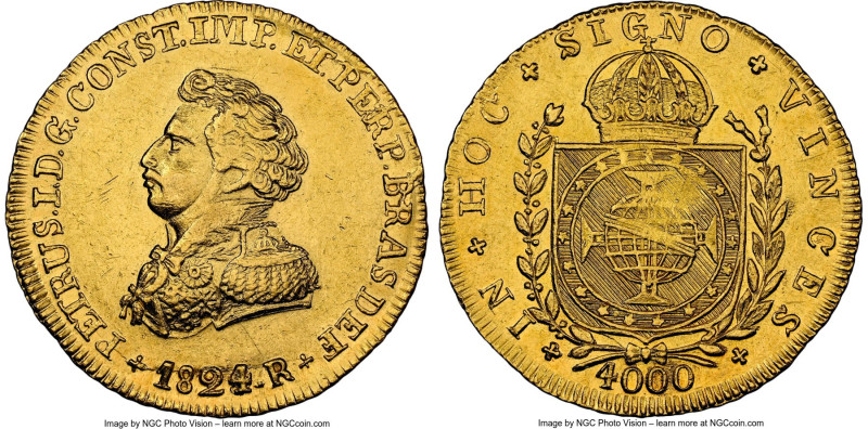 Pedro I gold 4000 Reis 1824-R AU Details (Cleaned) NGC, Rio de Janeiro mint, KM3...