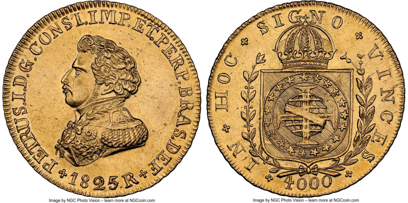 Pedro I gold 4000 Reis 1825/4-R MS62 NGC, Rio de Janeiro mint, KM369.1, cf. LMB-...