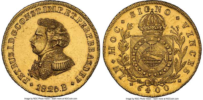 Pedro I gold 6400 Reis 1825-B UNC Details (Cleaned) NGC, Bahia mint, KM370.2, LM...