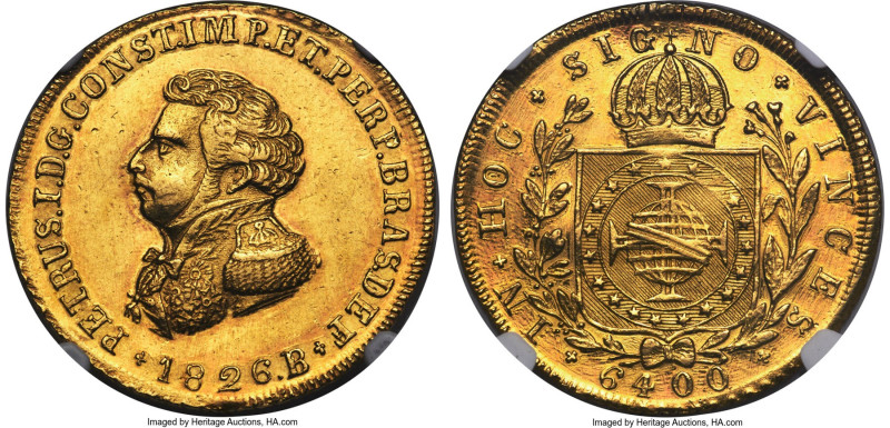 Pedro I gold 6400 Reis 1826-B AU Details (Mount Removed) NGC, Bahia mint, KM370....