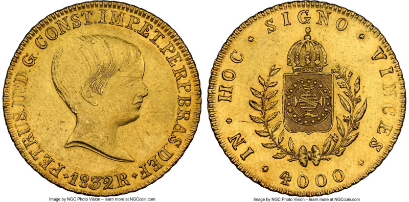 Pedro II gold 4000 Reis 1832-R UNC Details (Cleaned) NGC, Rio de Janeiro mint, K...