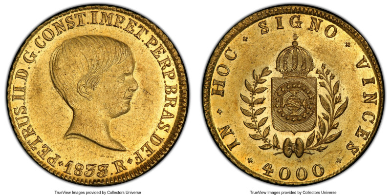 Pedro II gold 4000 Reis 1833/2-R AU50 PCGS, Rio de Janeiro mint, KM386.1, LMB-61...