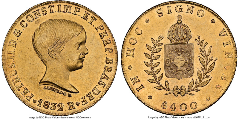 Pedro II gold "'Azevedo' Below Bust" 6400 Reis 1832-R MS61 NGC, Rio de Janeiro m...