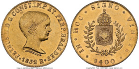 Pedro II gold "'Azevedo' Below Bust" 6400 Reis 1832-R MS61 NGC, Rio de Janeiro mint, KM387.2, LMB-612, Guimaraes-1832-2a. First type, Azevedo F. Varie...