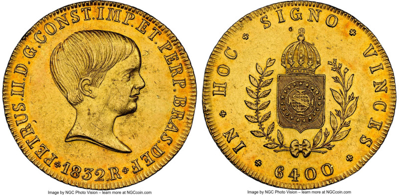 Pedro II gold 6400 Reis 1832-R UNC Details (Bent) NGC, Rio de Janeiro mint, KM38...