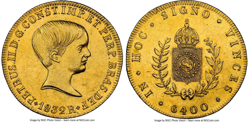 Pedro II gold 6400 Reis 1832-R AU Details (Cleaned) NGC, Rio de Janeiro mint, KM...