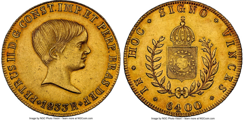 Pedro II gold 6400 Reis 1833-R UNC Details (Cleaned) NGC, Rio de Janeiro mint, K...