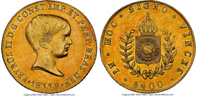 Pedro II gold 6400 Reis 1833-R AU58 NGC, Rio de Janeiro mint, KM387.1, LMB-614, Guimaraes-1833-3a, Second type, open mouth variety. Mintage: 10,793. A...