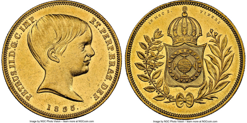 Pedro II gold 10000 Reis 1833 AU55 NGC, Rio de Janeiro mint, KM451, LMB-615, Gui...