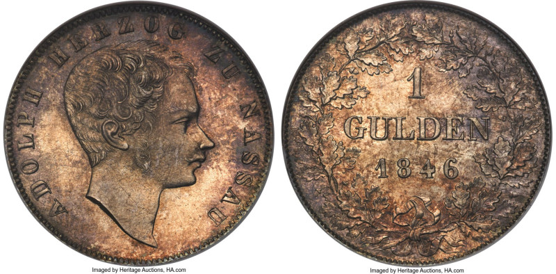 Nassau. Adolph Gulden 1846 MS66 NGC, Wiesbaden mint, KM64, C-60. Mintage: 47,646...