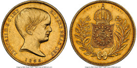 Pedro II gold 10000 Reis 1835 AU58 NGC, Rio de Janeiro mint, KM451, LMB-617, Guimaraes-1835-3.3. First type, young bust. Mintage: 13,294. A toned, bor...