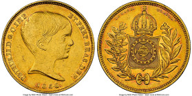 Pedro II gold 10000 Reis 1838 AU50 NGC, Rio de Janeiro mint, KM451, LMB-619, Guimaraes-1838-5.5. First type, Young bust. Mintage: 482. The smallest mi...