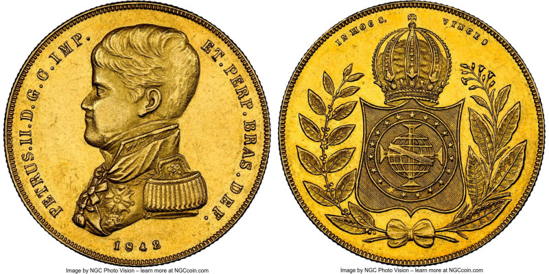 Pedro II gold 10000 Reis 1842 MS61 NGC, Rio de Janeiro mint, KM457, LMB-623, Gui...