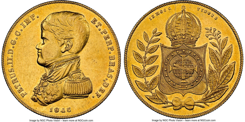 Pedro II gold 10000 Reis 1845 AU55 NGC, Rio de Janeiro mint, KM457, LMB-625, Gui...