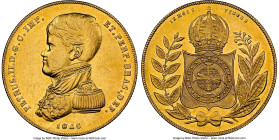 Pedro II gold 10000 Reis 1845 AU55 NGC, Rio de Janeiro mint, KM457, LMB-625, Guimaraes-1845-5.5. Second type, Admiral bust. Mintage: 1,989. A gently c...