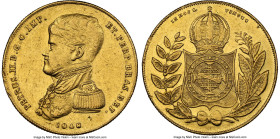 Pedro II gold 10000 Reis 1848/7 AU Details (Damaged) NGC, Rio de Janeiro mint, KM457, cf. LMB-628 (unlisted overdate), Guimaraes-1848/7-7.7. Second ty...