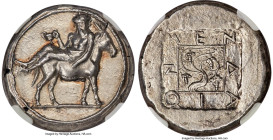 MACEDON. Mende. Ca. 460-423 BC. AR tetradrachm (26mm, 16.87 gm, 9h). NGC AU 5/5 - 3/5, Fine Style. Dionysus, bearded, head right, and nude save for ma...