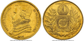 Pedro II gold 10000 Reis 1850 AU Details (Cleaned) NGC, Rio de Janeiro mint, KM460, LMB-630, Guimaraes-1850-1.1. Mintage: 7,359. A well-struck renditi...