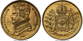 Pedro II gold 10000 Reis 1851 AU (Altered Surface), Rio de Janeiro mint, KM460, LMB-631, Guimaraes-1851-3.3. Mintage: 11,492. 8.84gm. Presenting brigh...