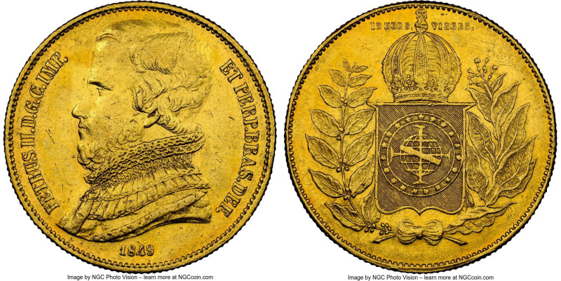 Pedro II gold 20000 Reis 1849 AU Details (Cleaned) NGC, Rio de Janeiro mint, KM4...