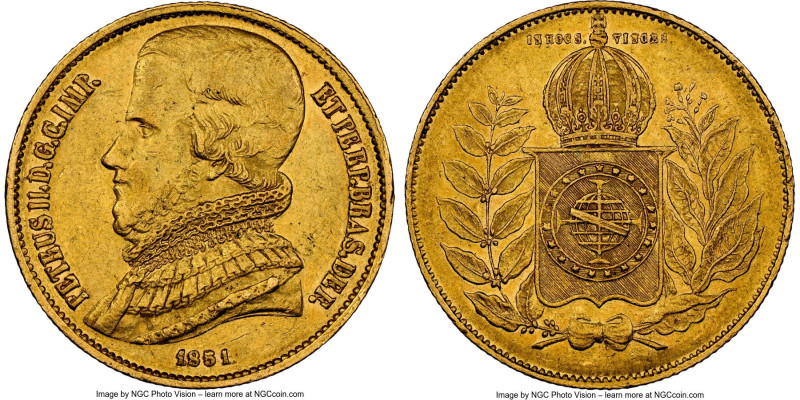 Pedro II gold 20000 Reis 1851 AU58 NGC, Rio de Janeiro mint, KM461, LMB-634, Gui...