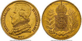 Pedro II gold 20000 Reis 1851 AU58 NGC, Rio de Janeiro mint, KM461, LMB-634, Guimaraes-1851-3.3. Displaying a subtle antique-gold tone dressing the sh...