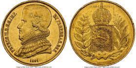 Pedro II gold 20000 Reis 1851 AU58 NGC, Rio de Janeiro mint, KM461, LMB-634, Guimaraes-1851-3.3. Fully-rendered and retaining luminous crevices with h...