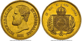 Pedro II gold 20000 Reis 1851 MS61 NGC, Rio de Janeiro mint, KM463, LMB-635, Guimaraes-1851-1.1. No stop after PETRUS variety. A chiseled representiti...